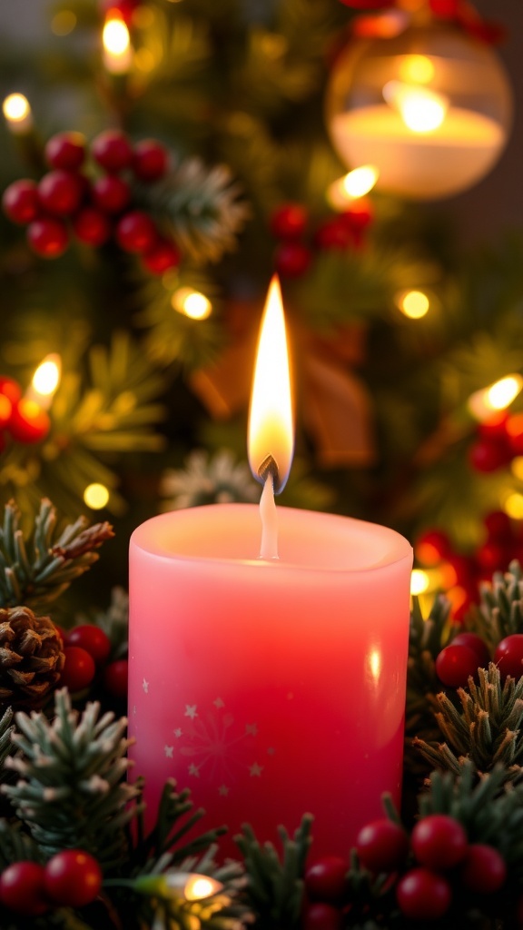 A pink Christmas candle surrounded by holiday decorations, glowing warmly.
